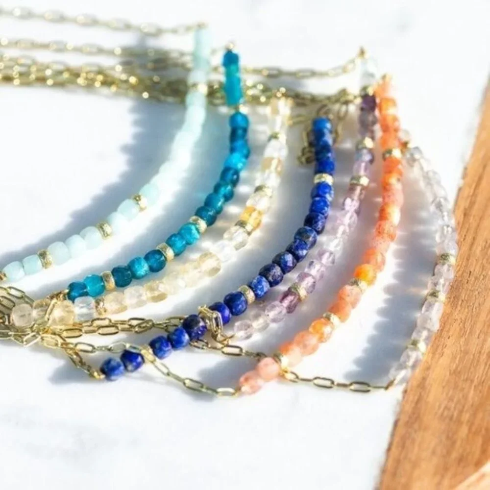 WATERPROOF Gemstone Necklace Blue Amazonite Beaded Necklace Gold Paperclip Chain